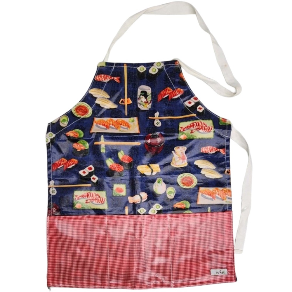 Icky KIDS Cooking Tie Apron Sushi Food Design Plastic One Size Red Blue Pockets